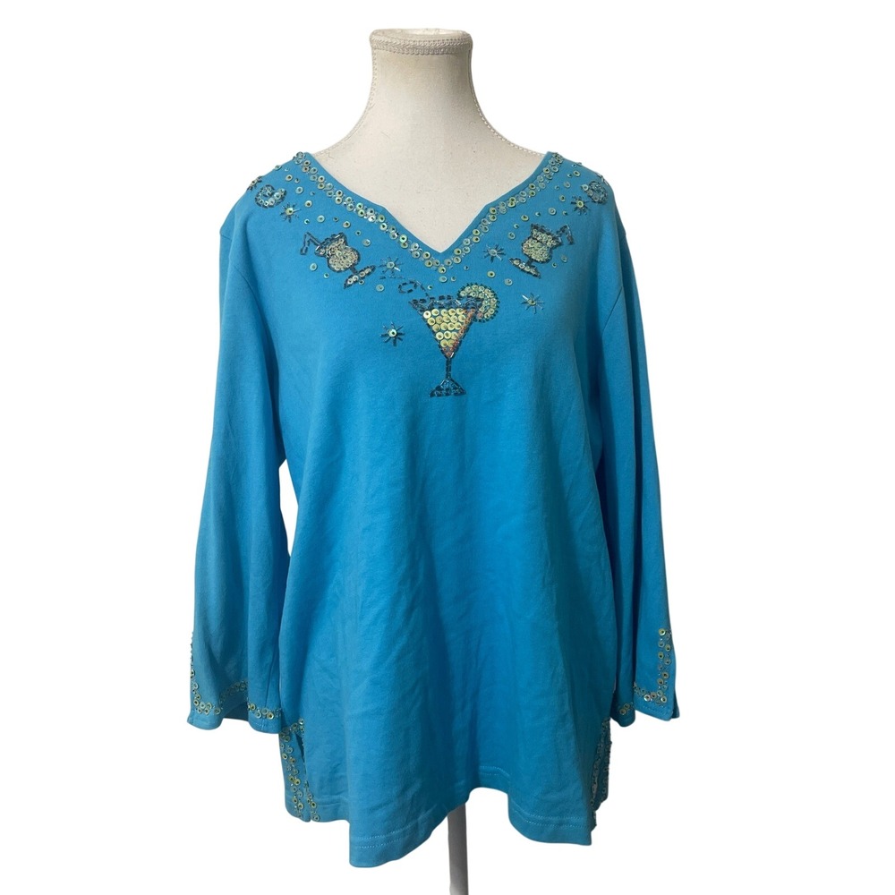 Quacker Factory  Blue‎ Long Sleeve Sequins Martini V Neck Artsy Boho Shirt Top L